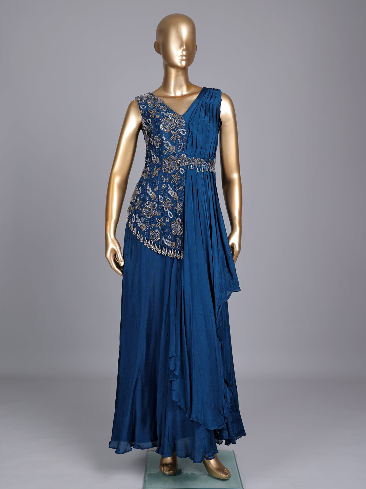 Blue chiffon silk designer gown with cutdana and zardosi work