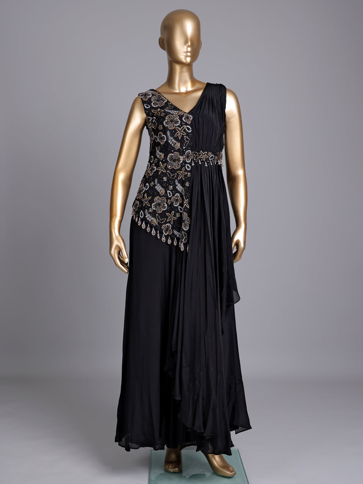Black chiffon silk designer gown with zardosi and tassel detailing