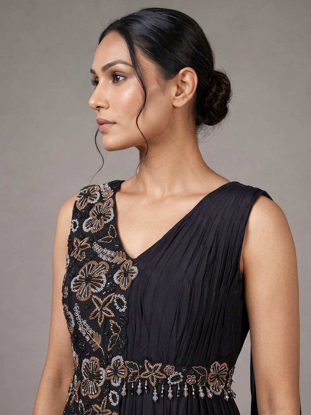 Black chiffon silk designer gown with zardosi and tassel detailing