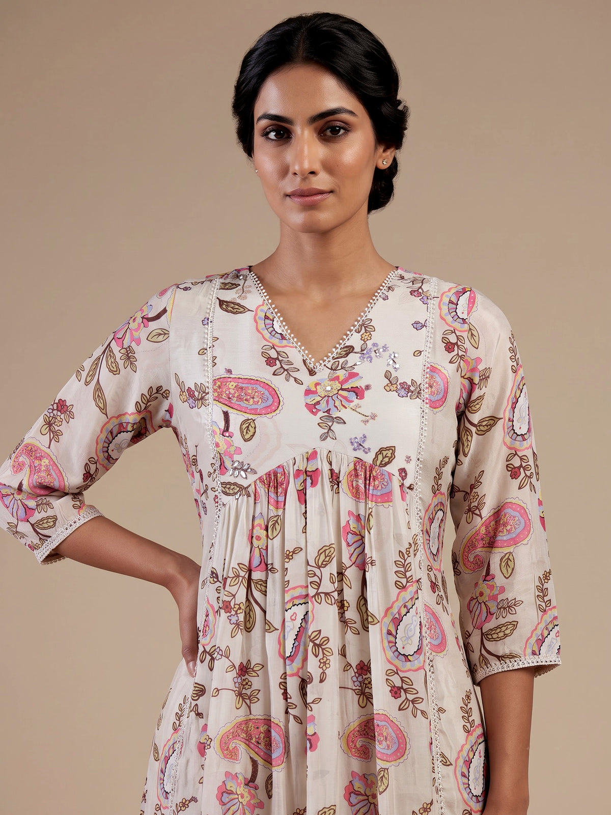 Cream silk printed kurti set with embellished palazzo and dupatta