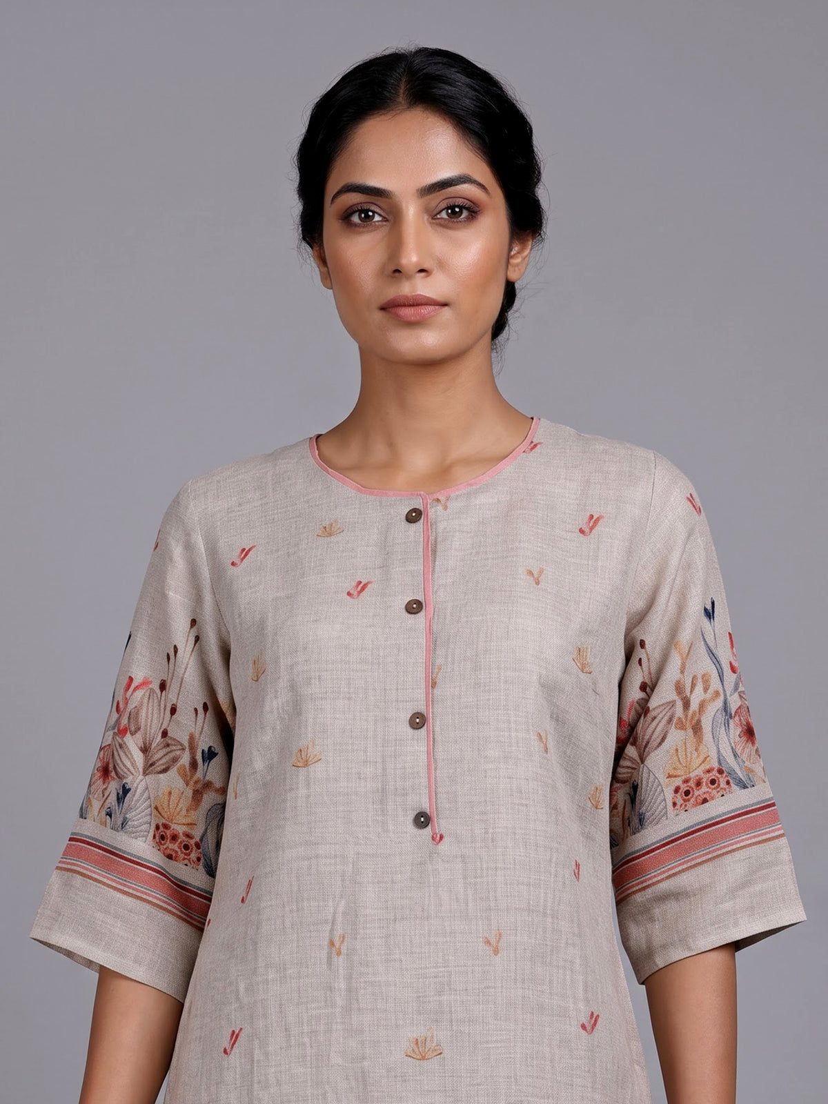 Beige linen printed kurti set with round neck and dupatta