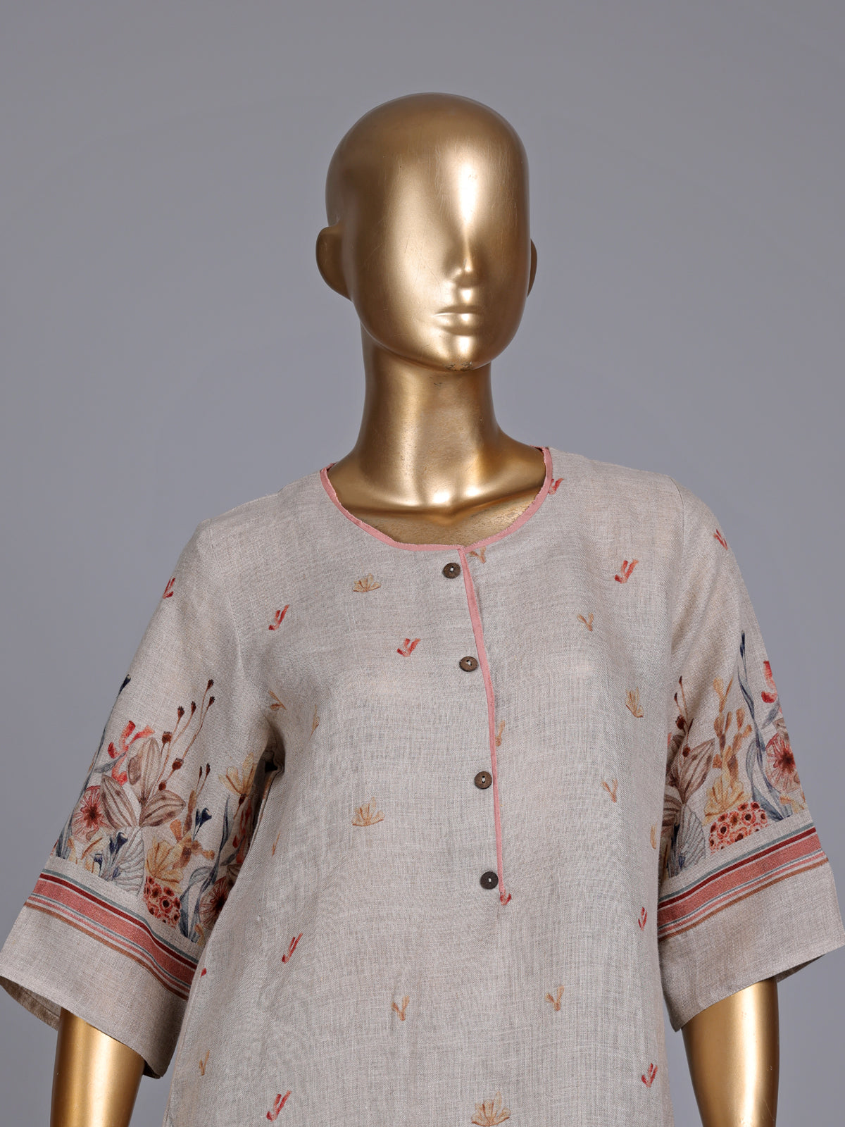 Beige linen printed kurti set with round neck and dupatta