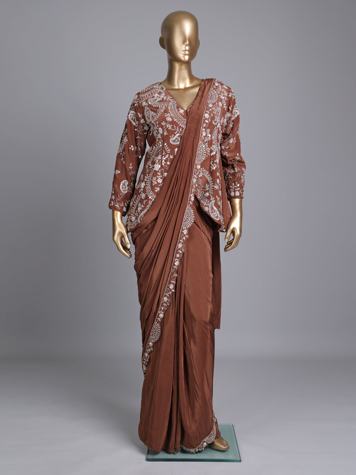 Light brown designer satin silk ready-to-wear saree with embellishments