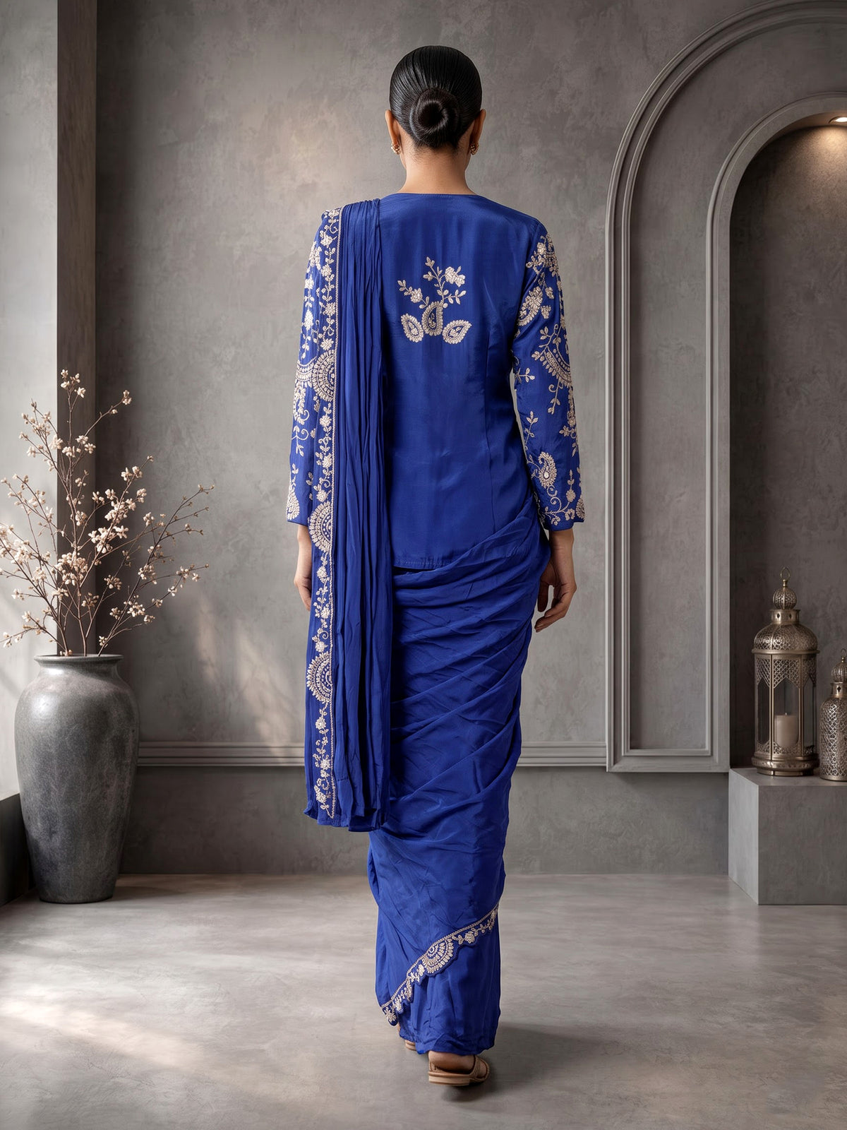Blue designer satin silk ready-to-wear saree with festive embellishments