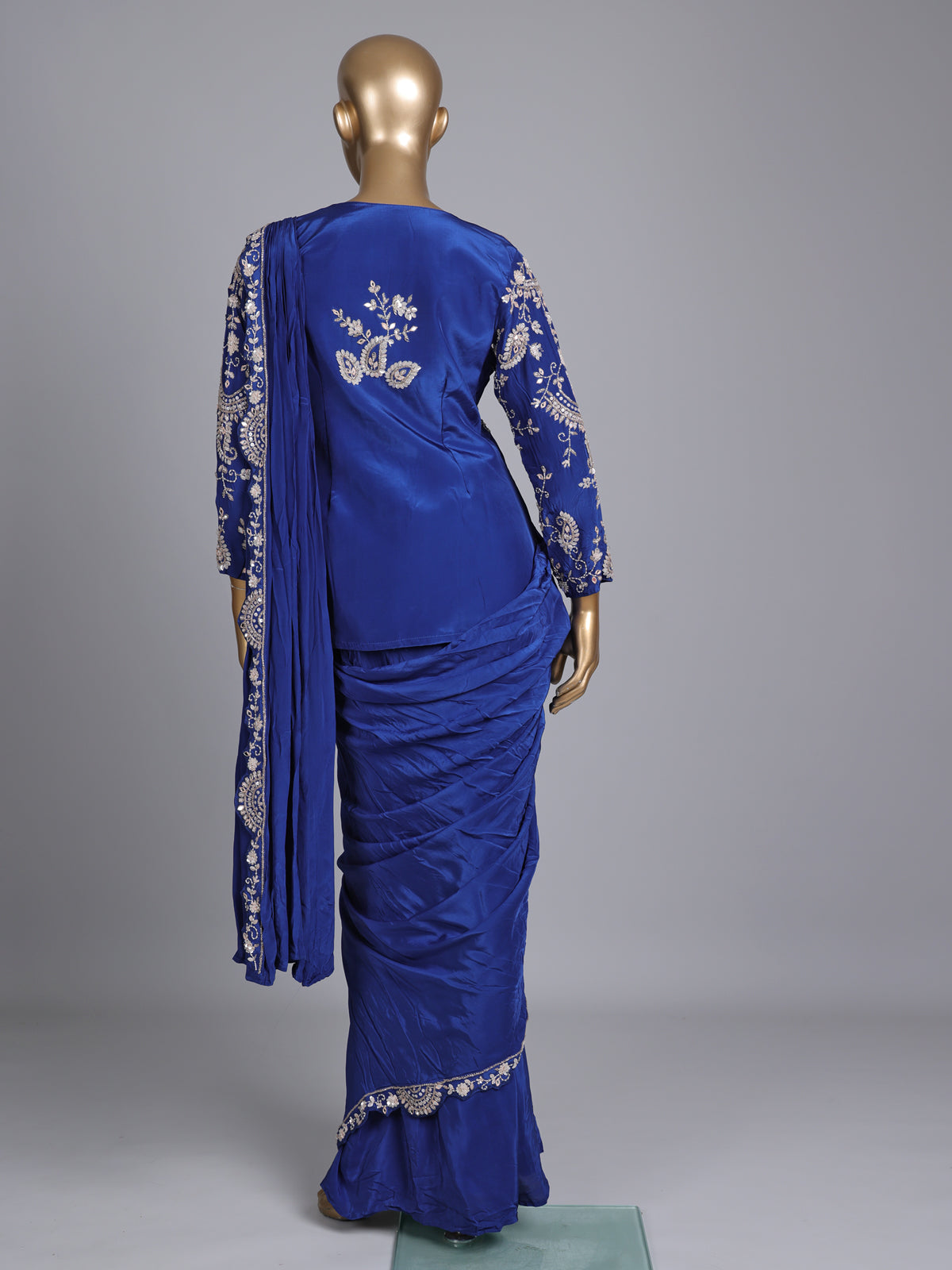 Blue designer satin silk ready-to-wear saree with festive embellishments