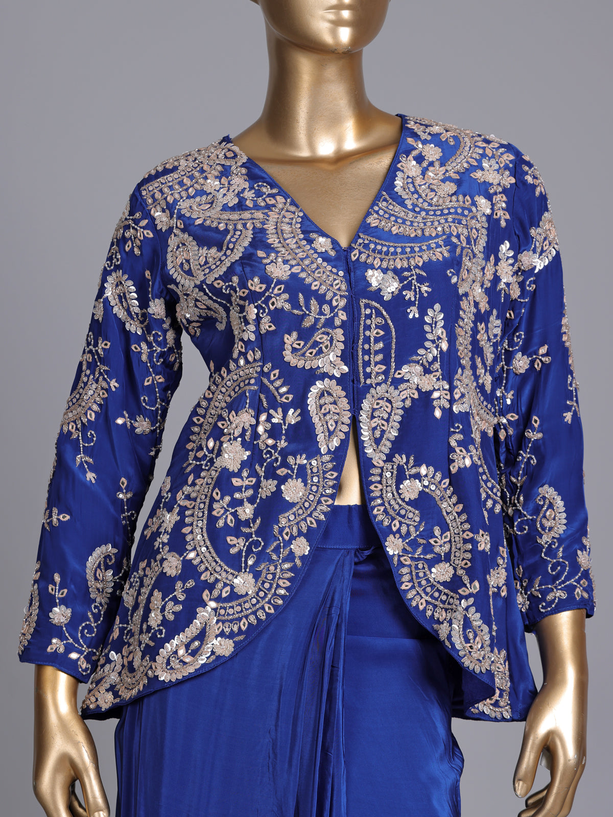Blue designer satin silk ready-to-wear saree with festive embellishments