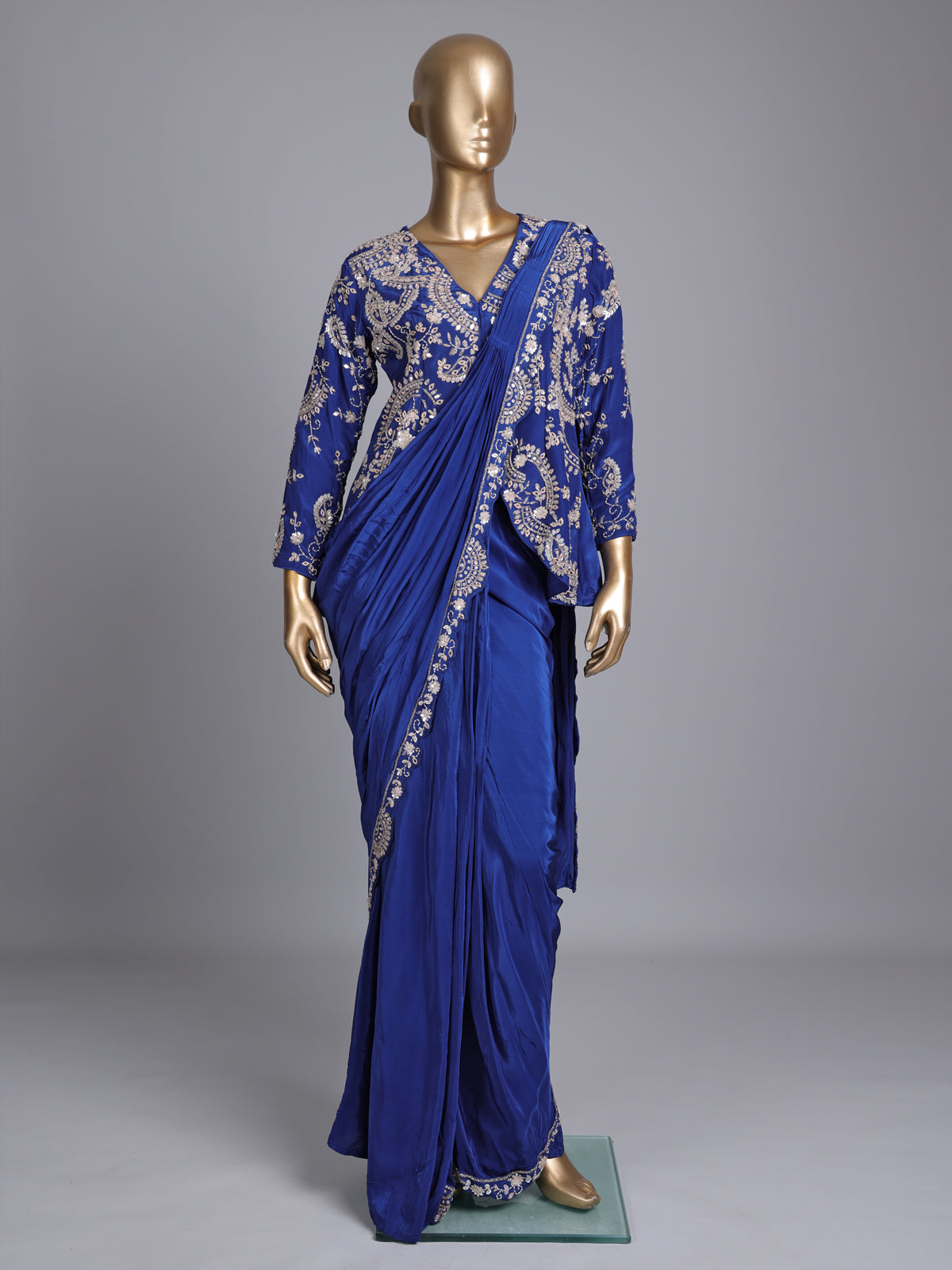 Blue designer satin silk ready-to-wear saree with festive embellishments
