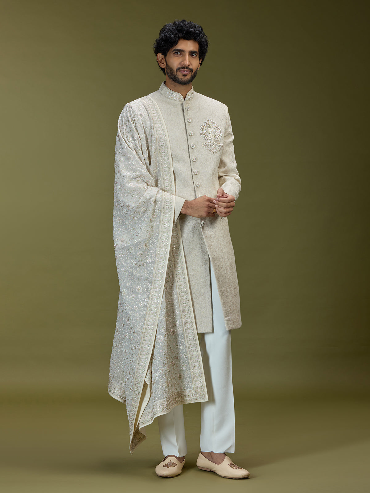 Cream exquisite jacquard silk men indo western with dupatta