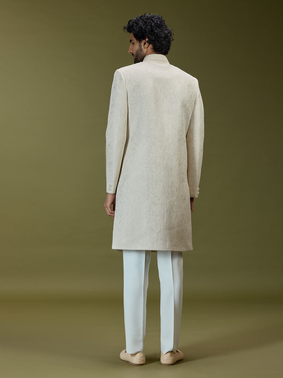 Cream exquisite jacquard silk men indo western with dupatta