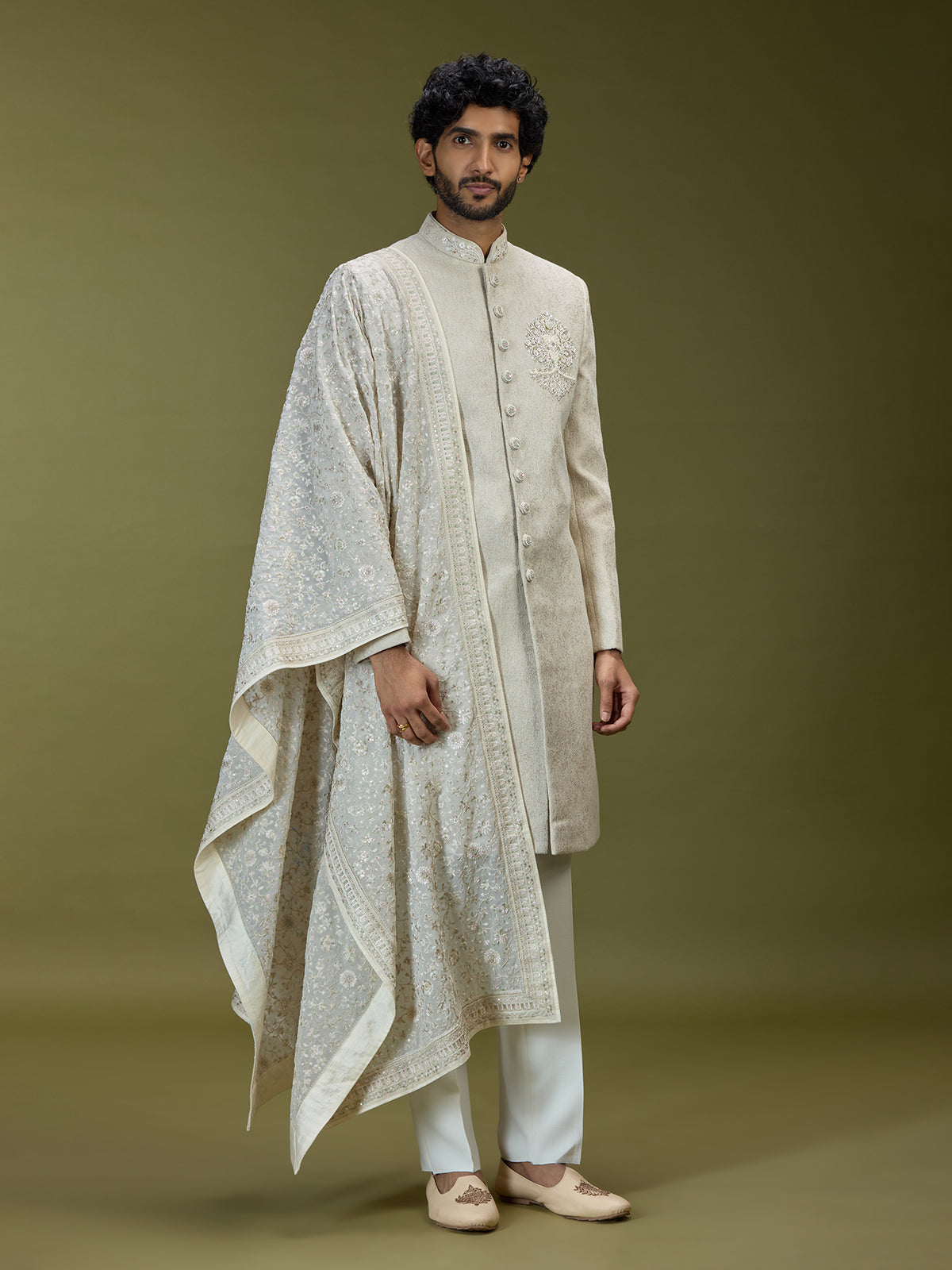 Cream exquisite jacquard silk men indo western with dupatta