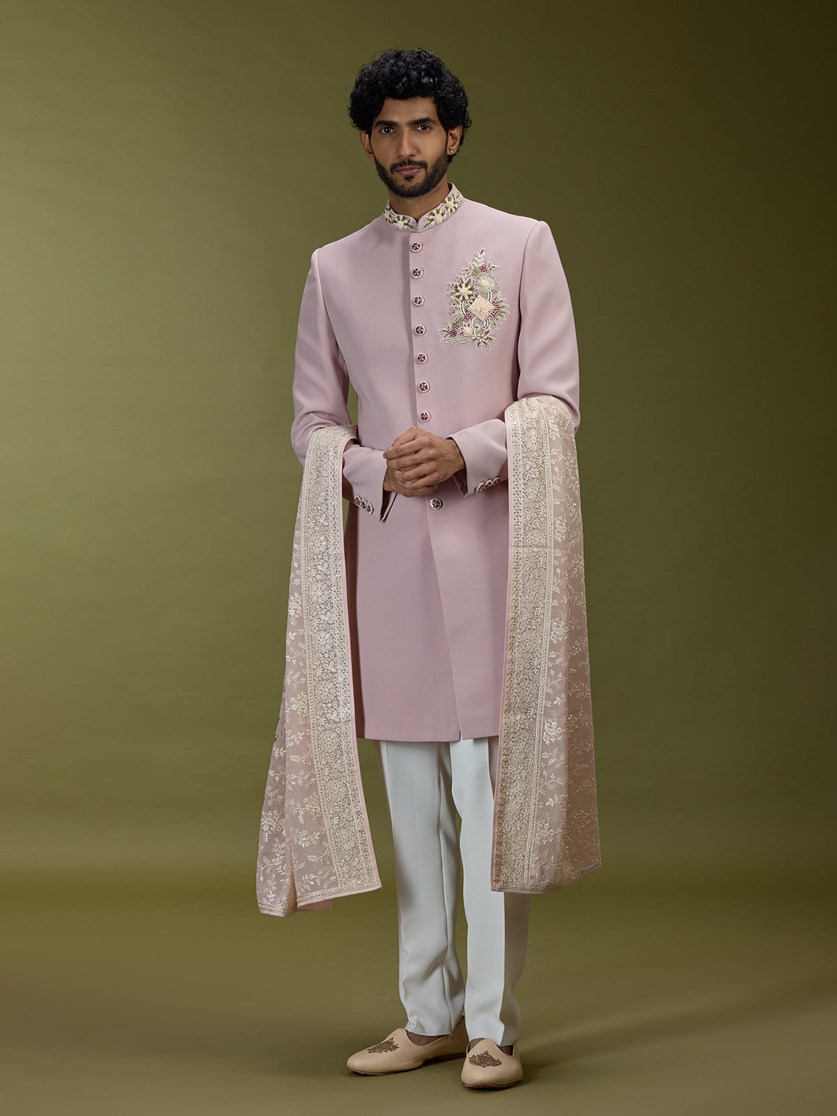 Pastel pink luxurious polyester silk men indo western with dupatta