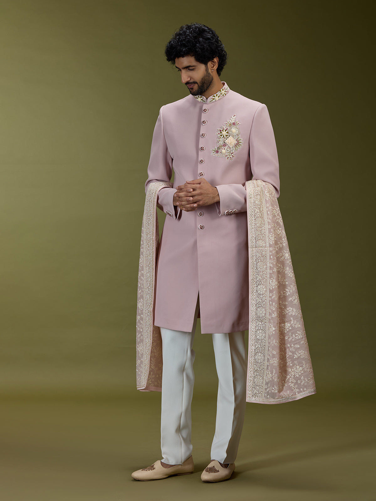 Pastel pink luxurious polyester silk men indo western with dupatta