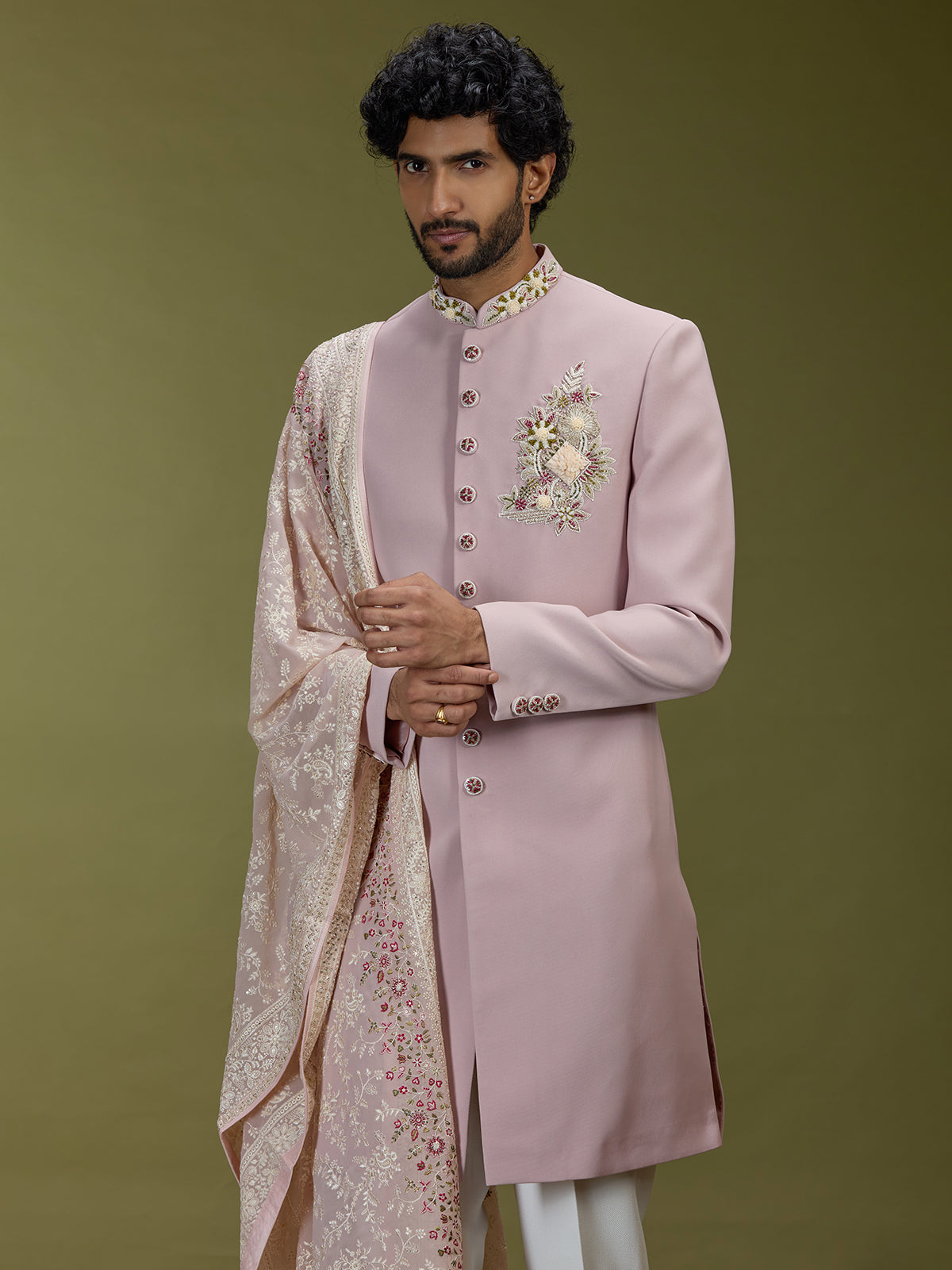 Pastel pink luxurious polyester silk men indo western with dupatta