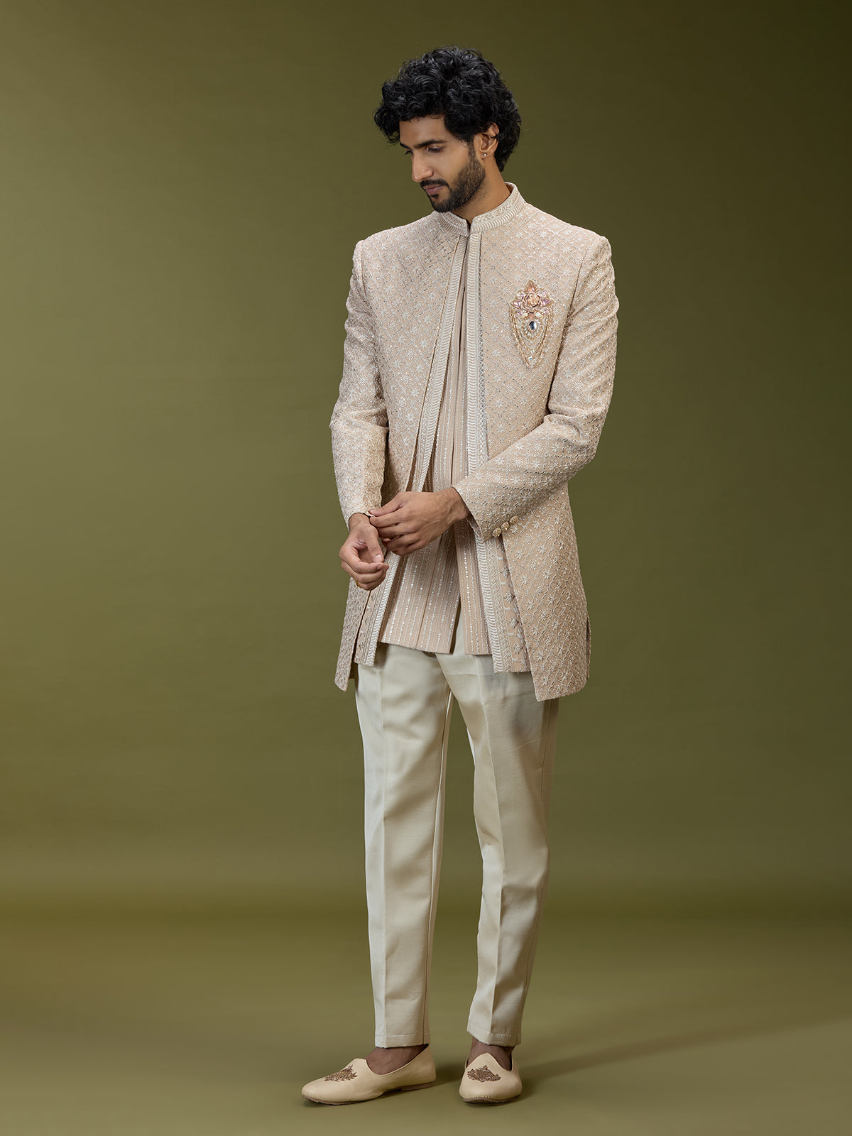 Beige geometric polyester silk men indo western