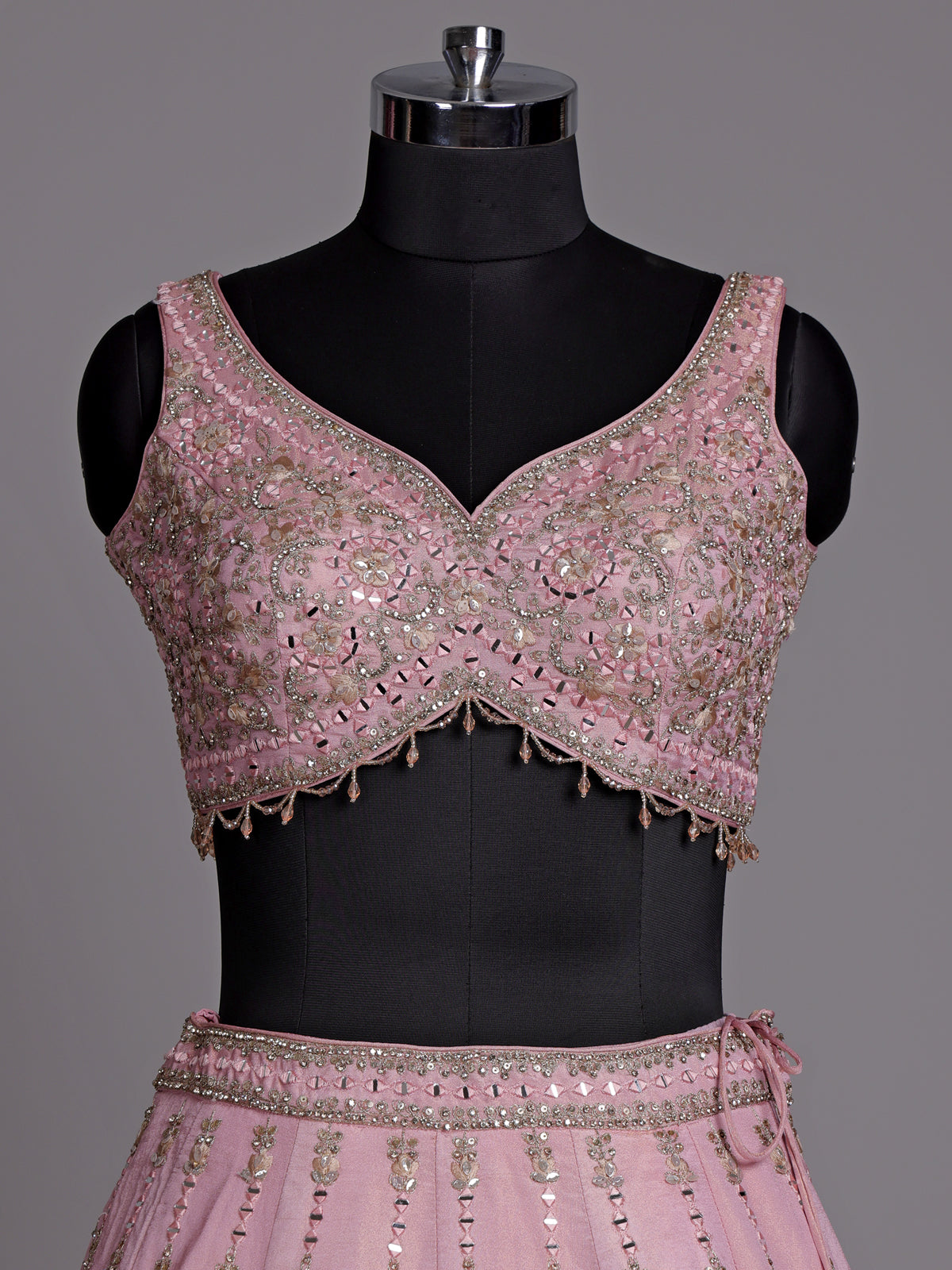 Pink silk lehenga choli with aabla diamond and tassel detailing