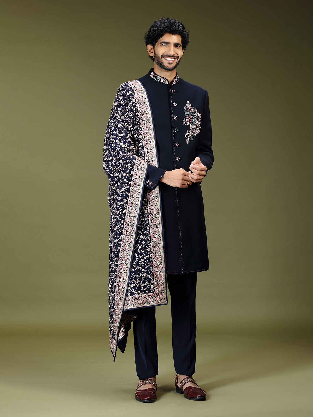Navy blue regal polyester silk men indo western with dupatta