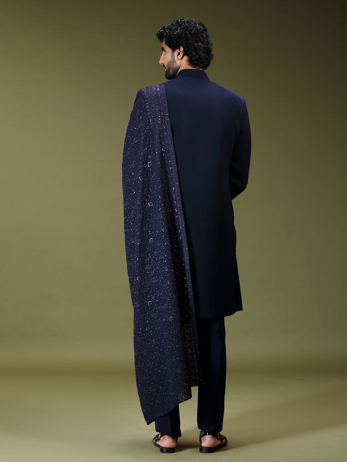 Navy blue opulent polyester silk men indo western with dupatta