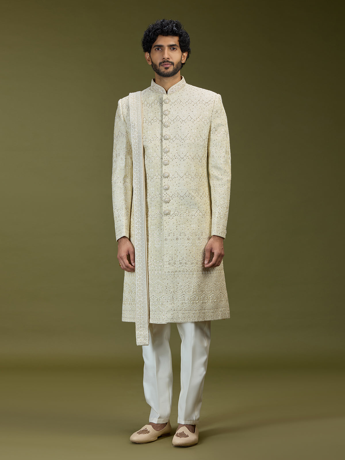 Cream opulent swarovski premium mughal mens sherwani