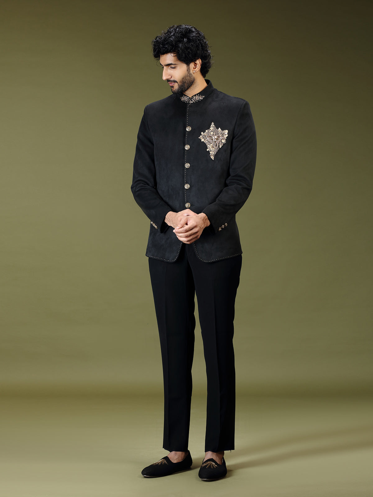 Black regal velvet embellished luxury jodhpuri suit