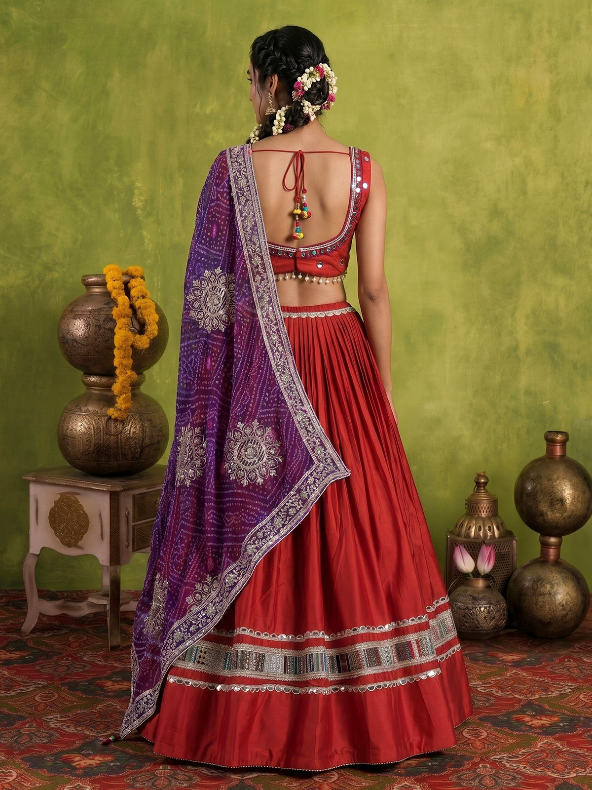 Brick red cotton silk navratri lehenga choli with bandhani dupatta