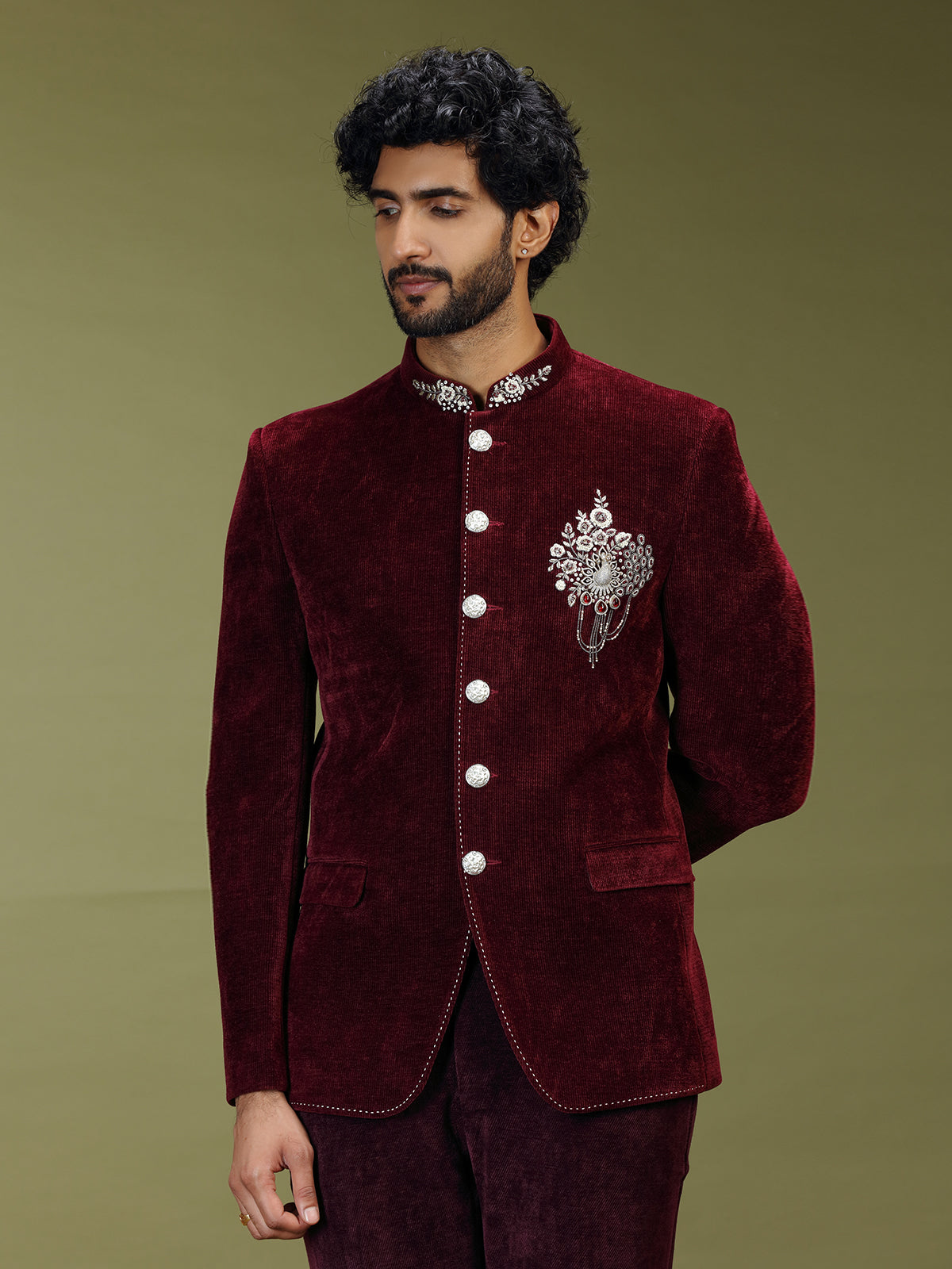 Maroon opulent velvet embroidered premium jodhpuri suit