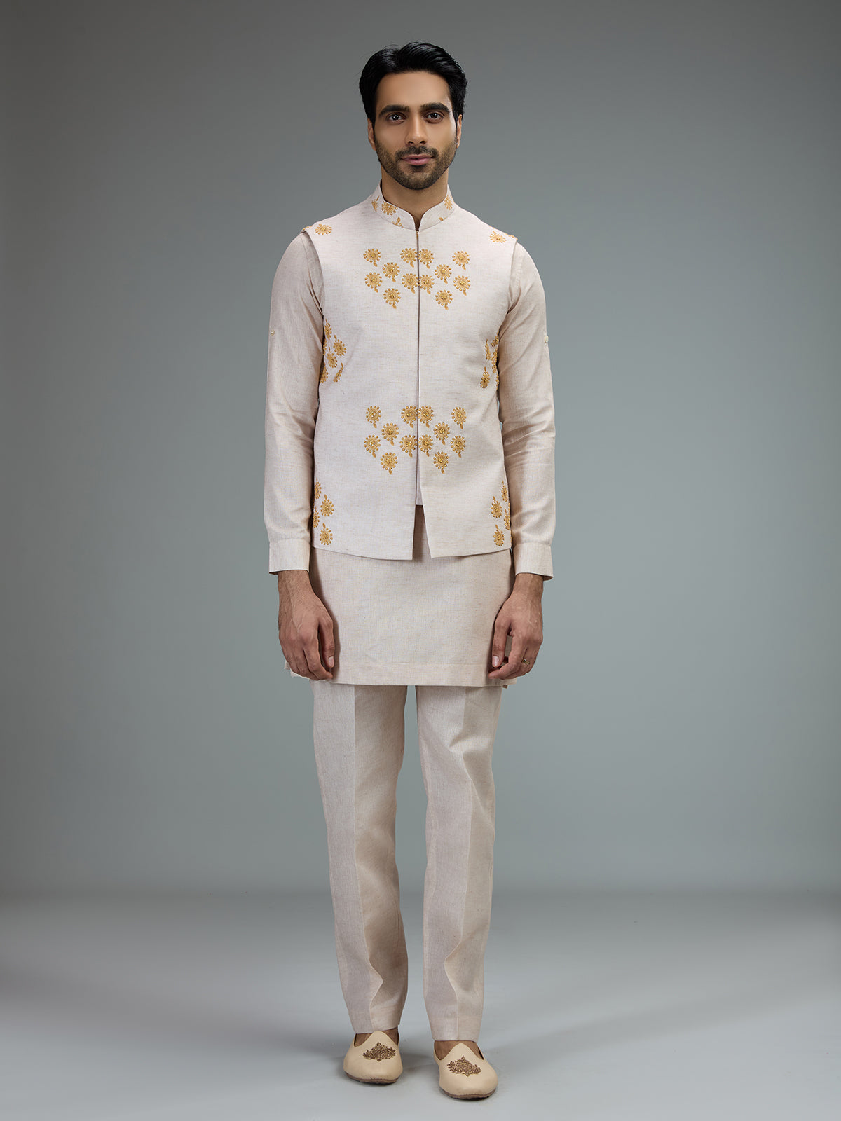 Cream embroidered mens waistcoat set