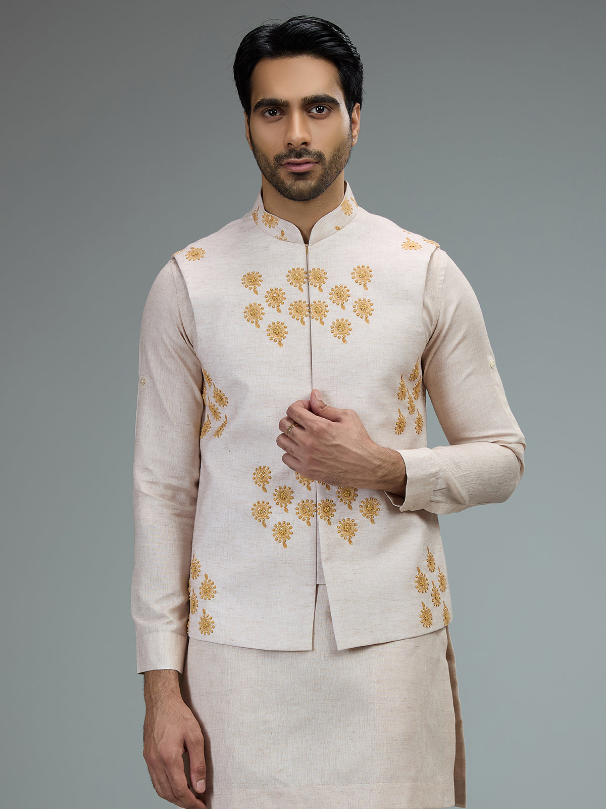 Cream embroidered mens waistcoat set