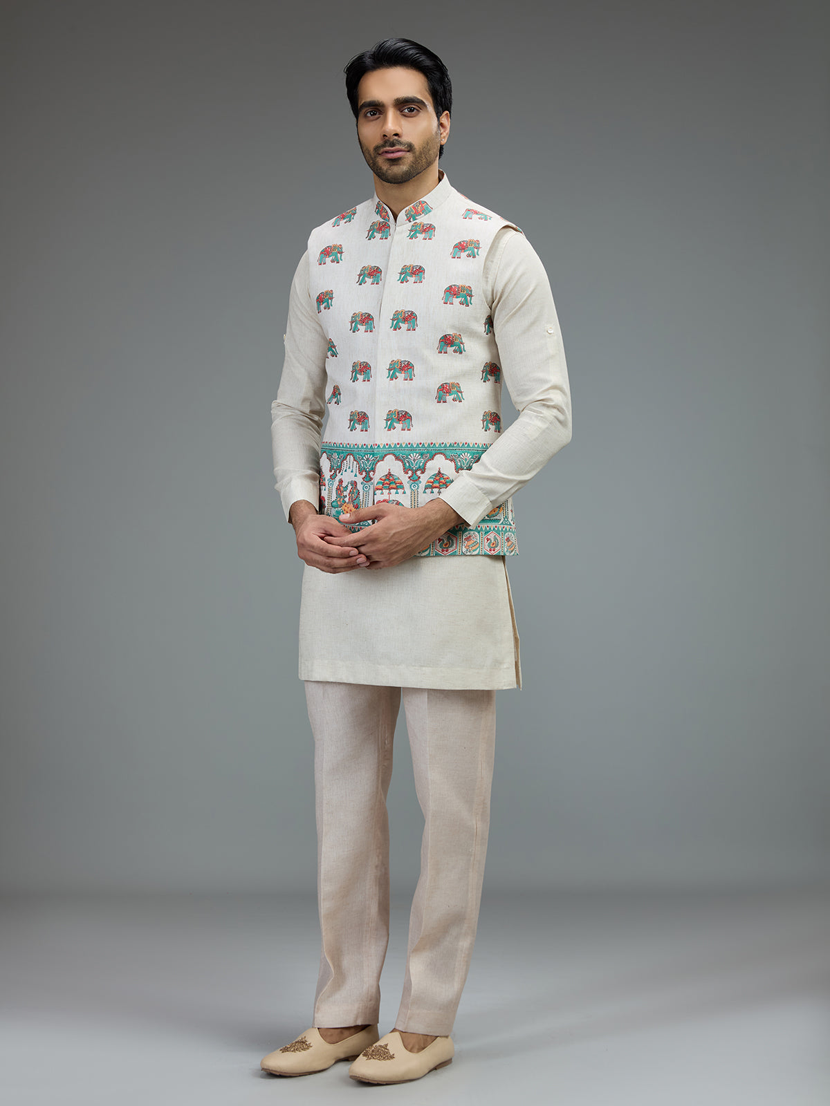 Off white royal print mens waistcoat set
