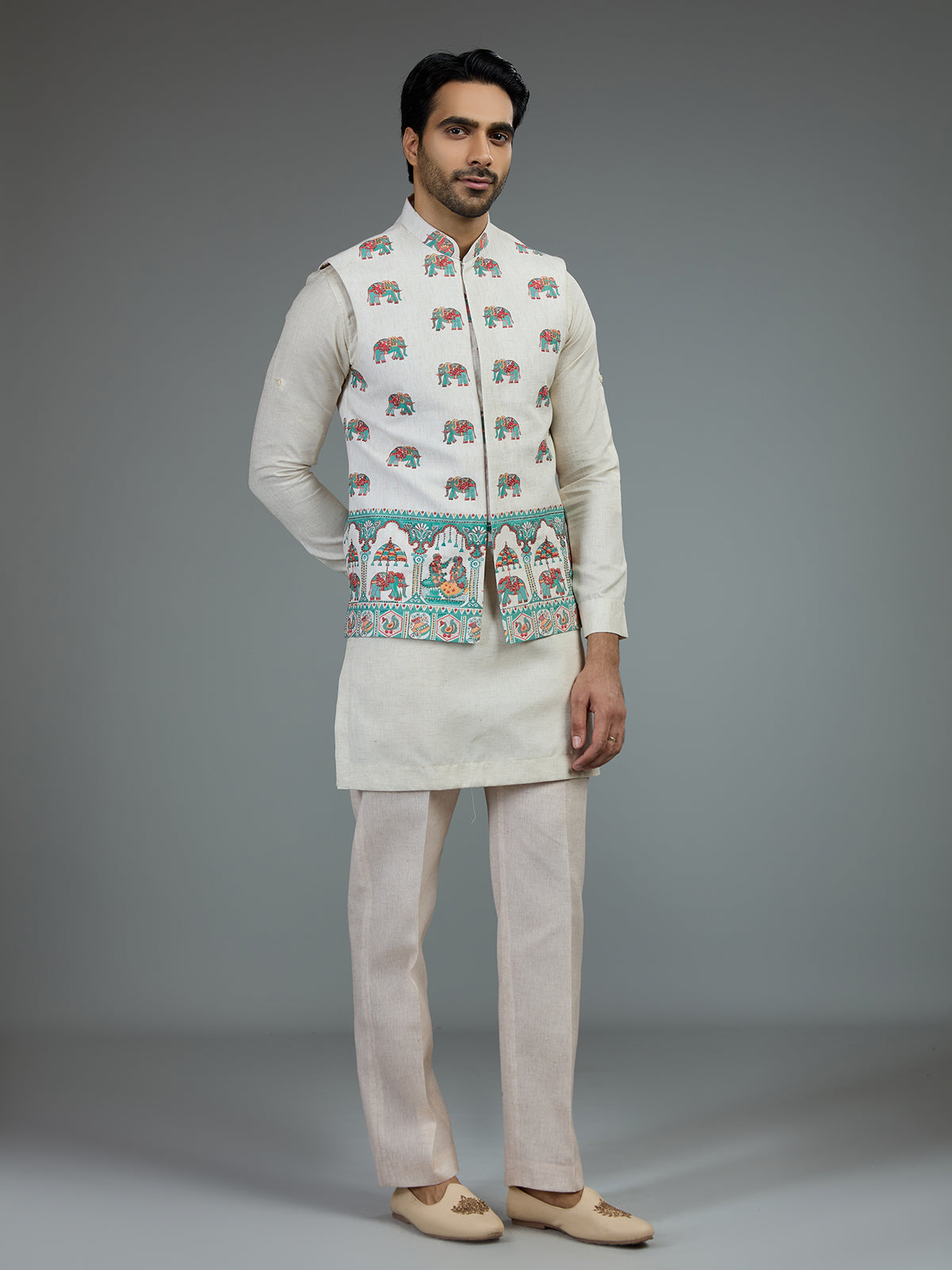 Off white royal print mens waistcoat set