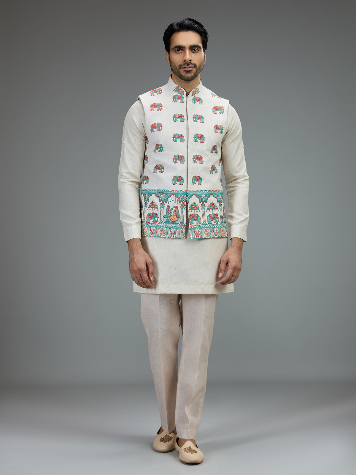 Off white royal print mens waistcoat set