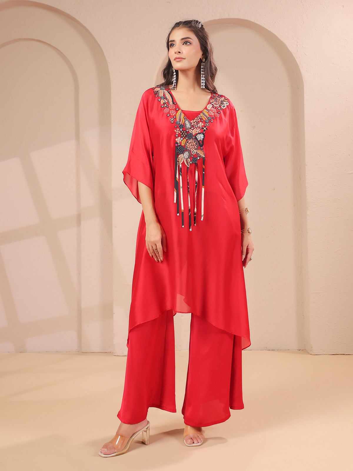 Red handwork aline kurta with inner and palazzo