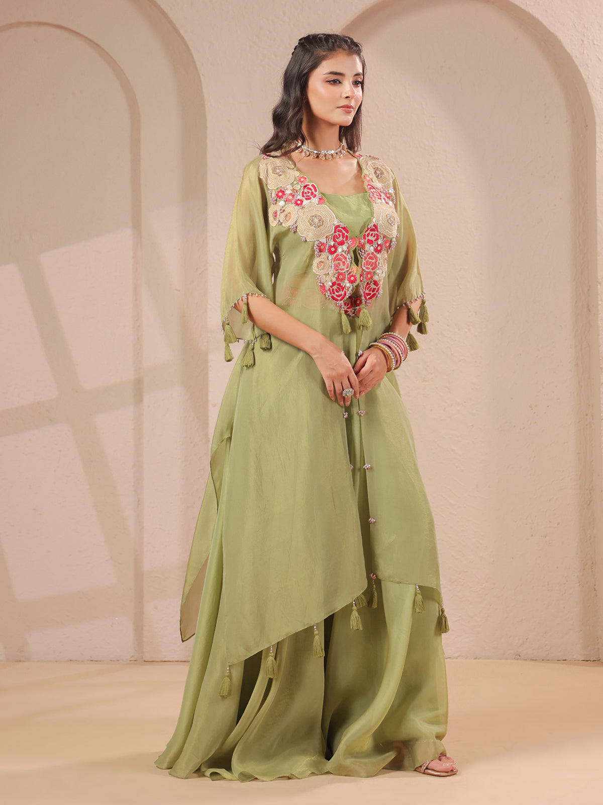 Pista green handwork kurta bustier and designer palazzo set