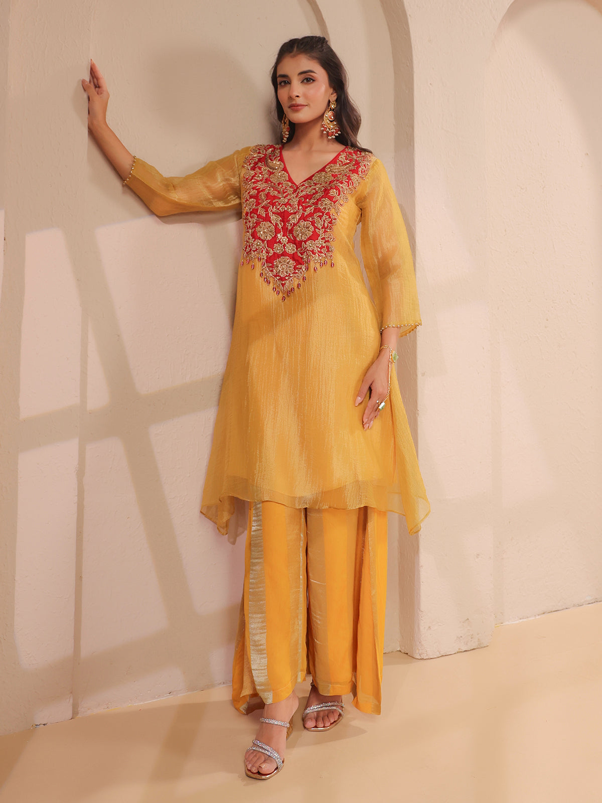 Mustard yellow handwork yoke style kurta with palazzo