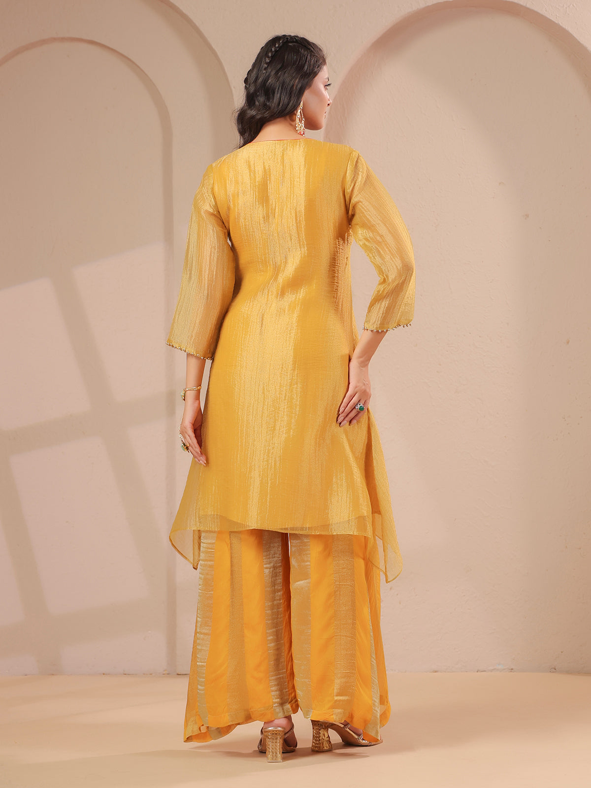 Mustard yellow handwork yoke style kurta with palazzo