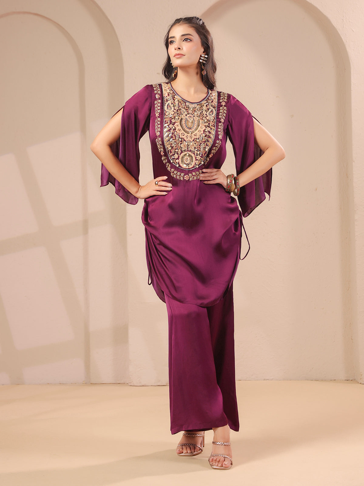 Purple handwork designer kurta with elegant modal satin palazzo