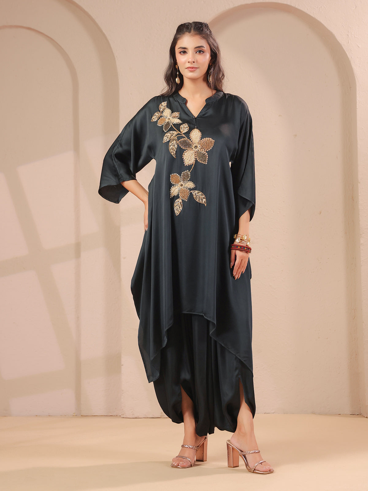 Charcoal black hi-lo handwork kurti with designer dhoti pants