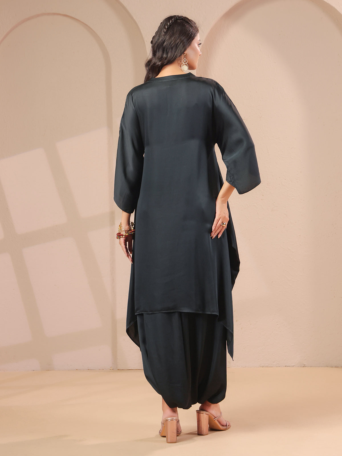 Charcoal black hi-lo handwork kurti with designer dhoti pants