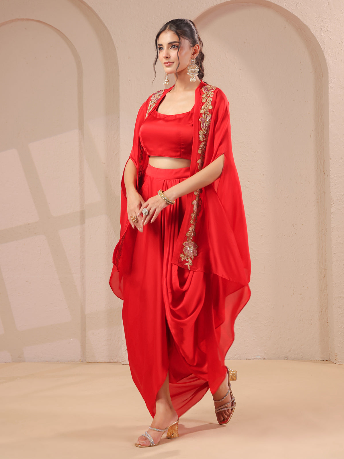 Red work overlay bustier with designer long shrug indowestern