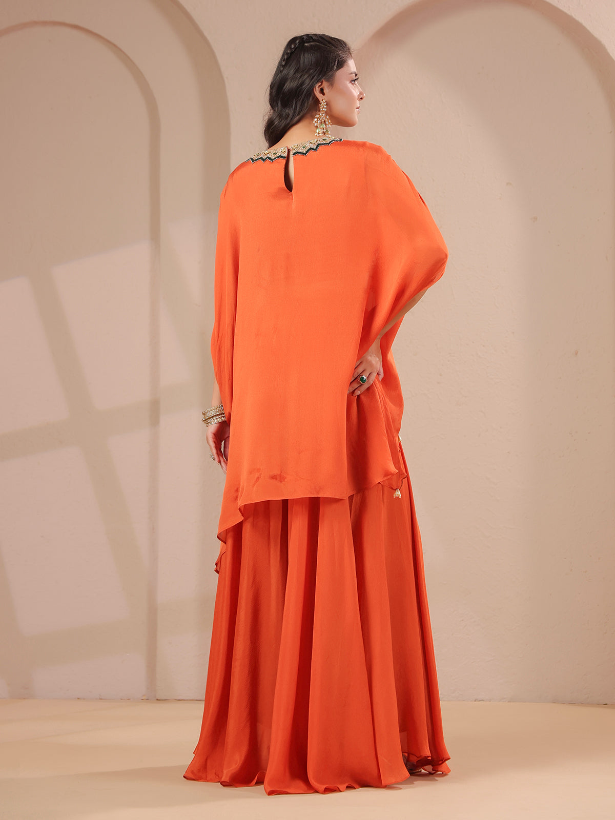 Orange handwork cape with designer palazzo festive ensemble
