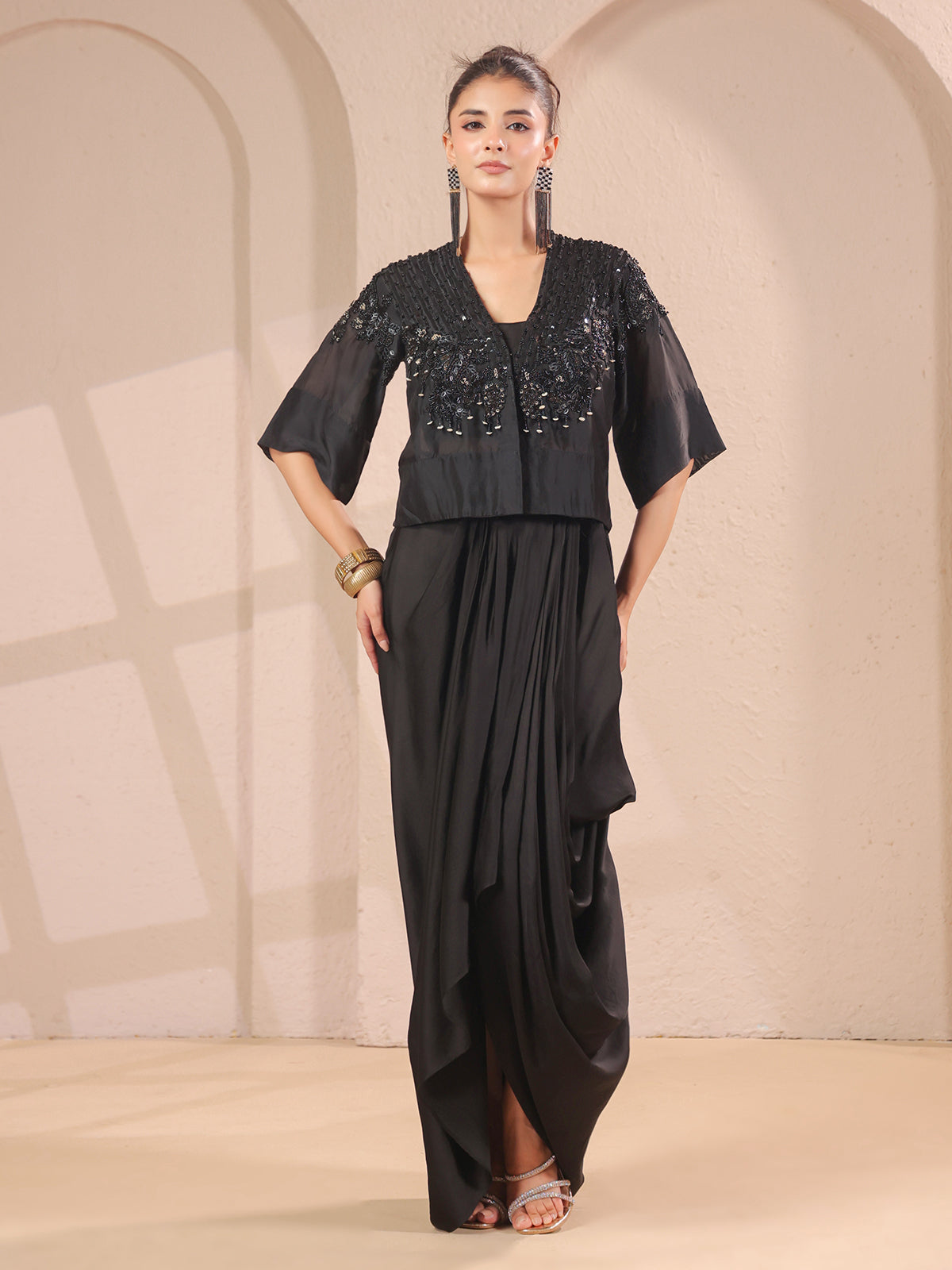 Black handwork jacket with bustier and designer indowestern
