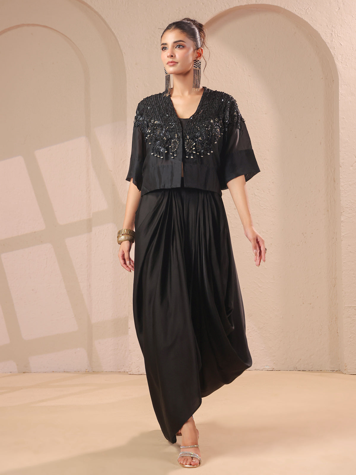 Black handwork jacket with bustier and designer indowestern