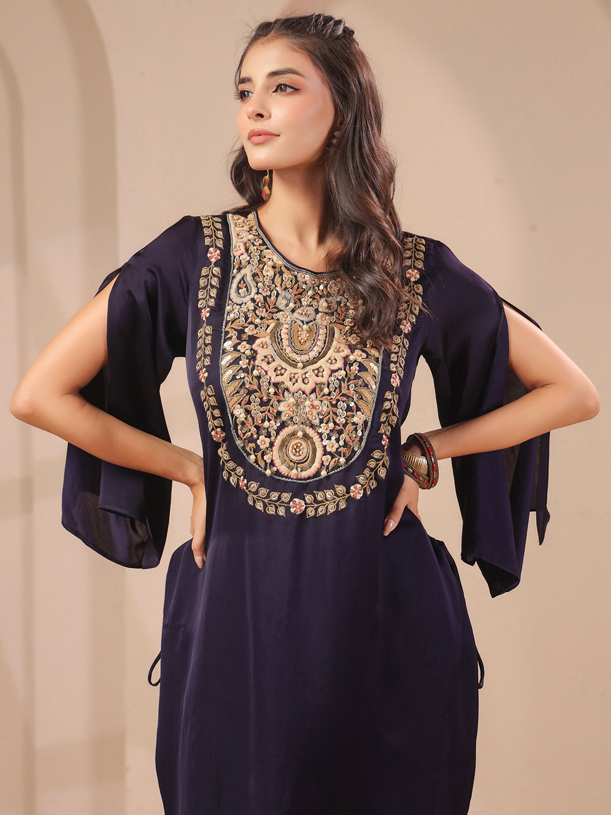 Purple handwork kurta with designer modal satin palazzo