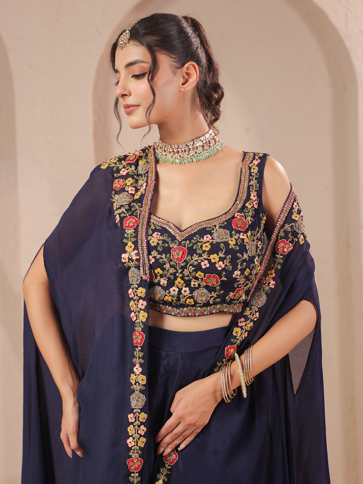 Navy handwork bustier overlay with designer jacket style palazzo
