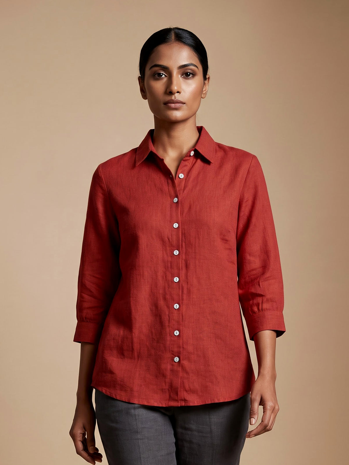 Rust red linen women shirt