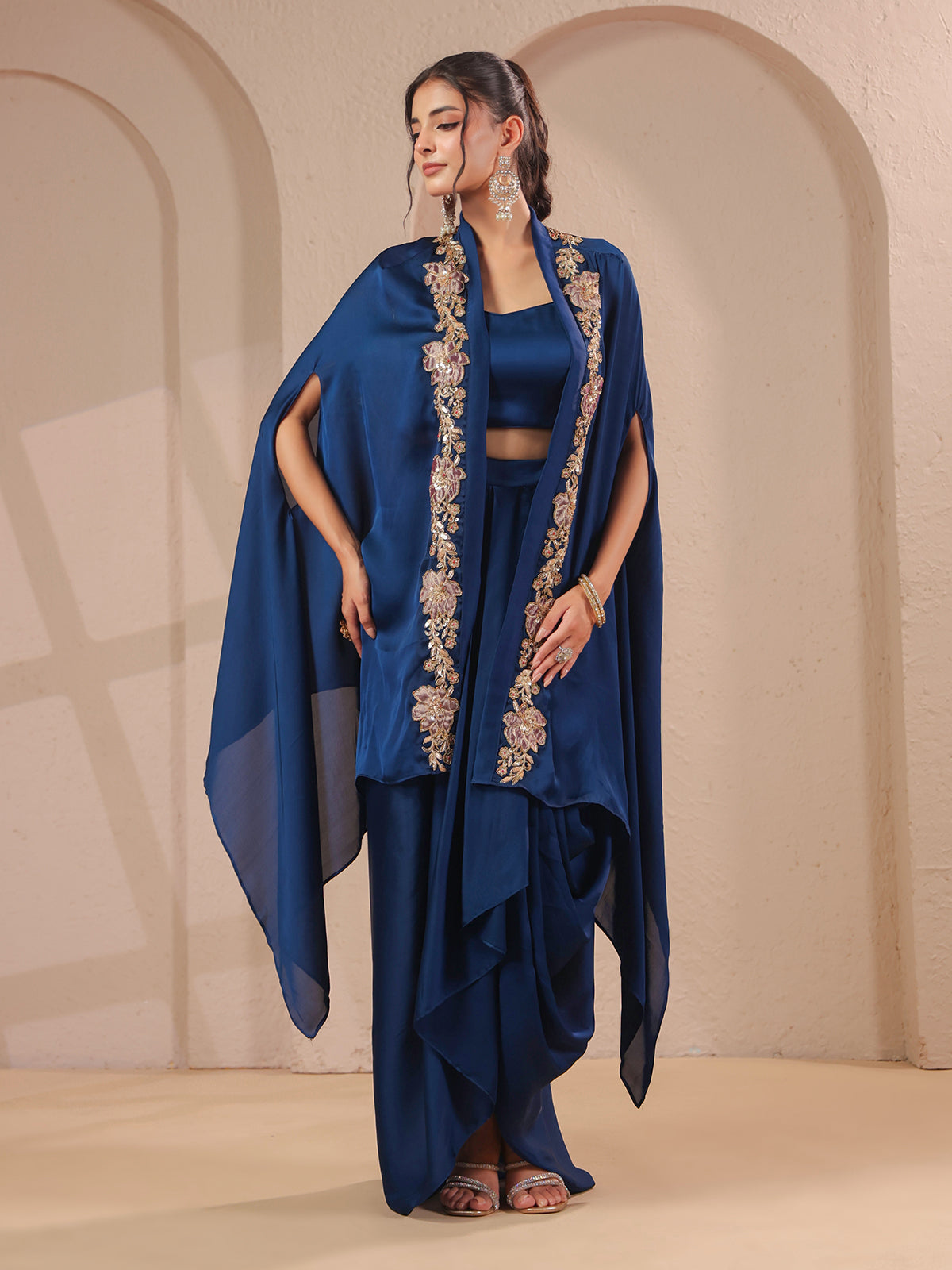 Royal blue handwork overlay bustier with designer drape skirt