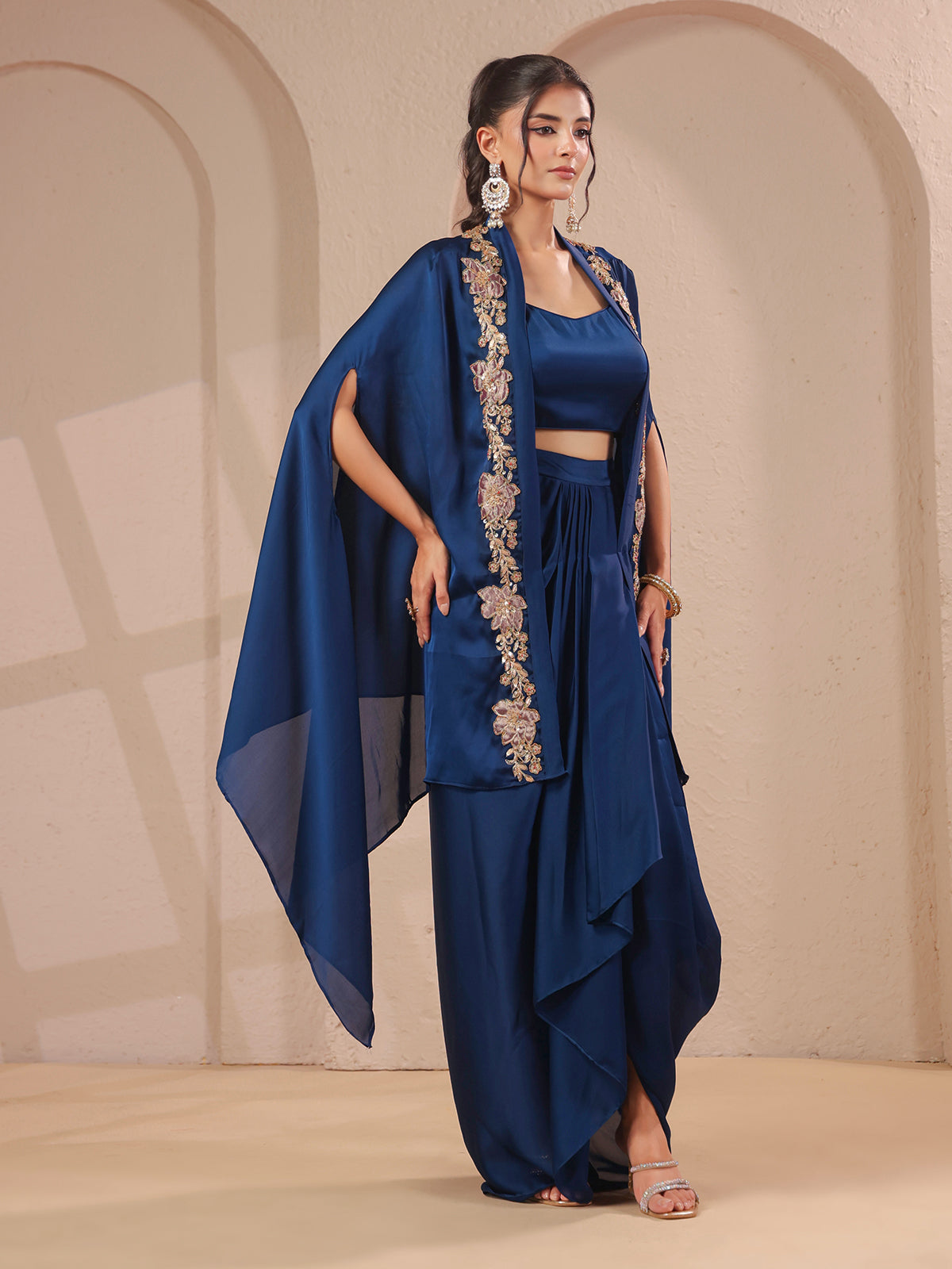 Royal blue handwork overlay bustier with designer drape skirt