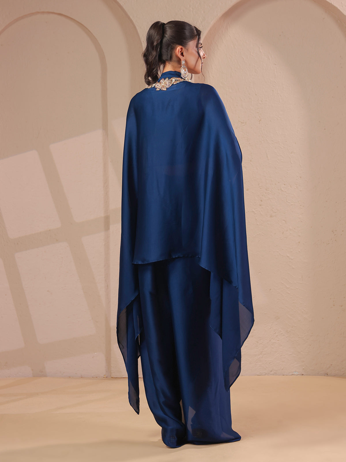 Royal blue handwork overlay bustier with designer drape skirt