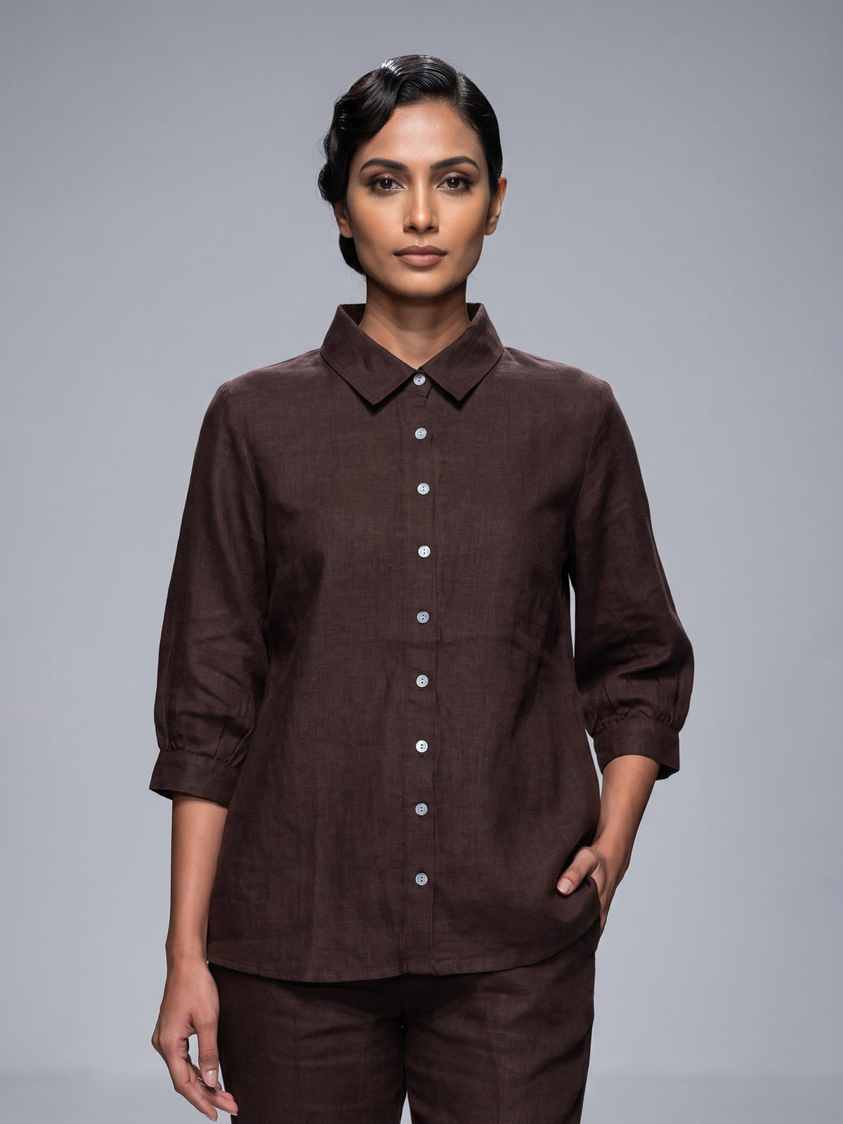 Deep chocolate brown linen women shirt