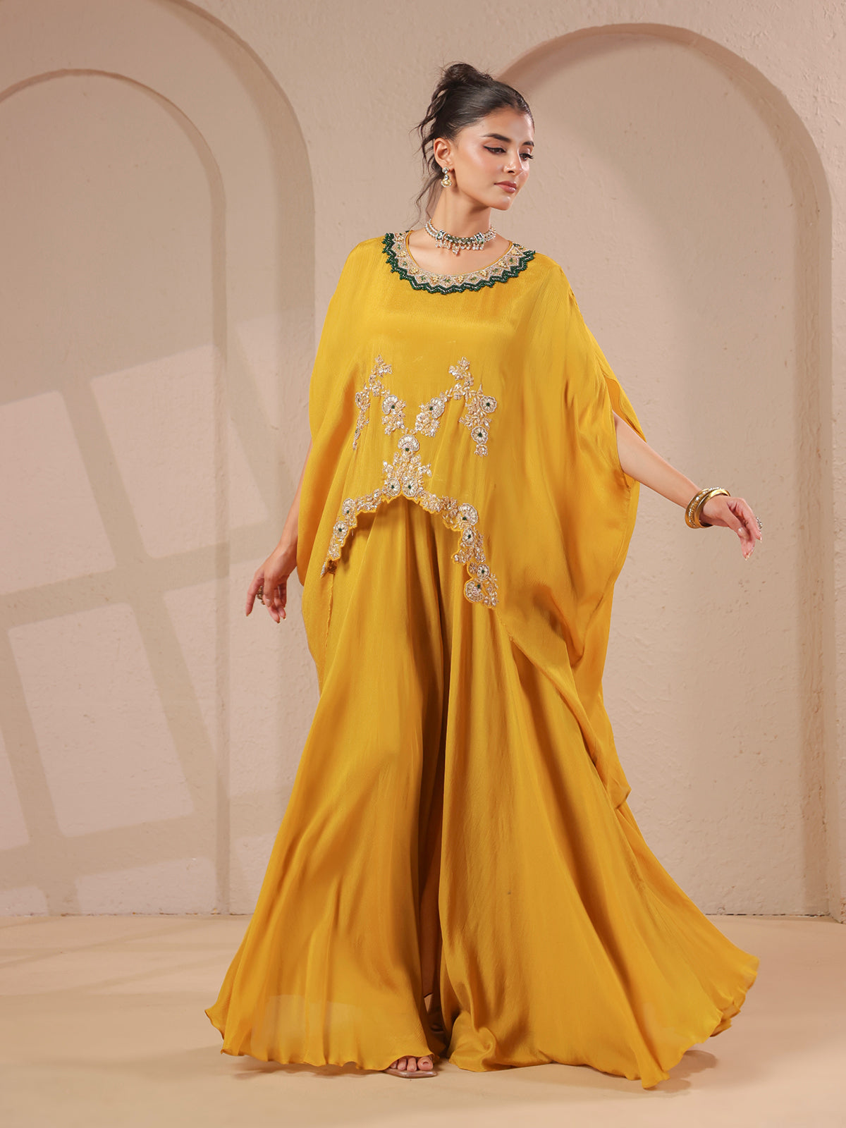 Mustard yellow handwork cape with elegant designer palazzo