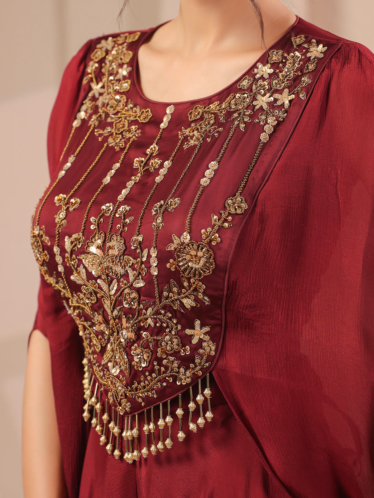 Maroon handwork bodice flared top with designer palazzo
